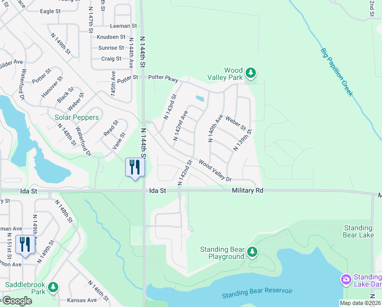 map of restaurants, bars, coffee shops, grocery stores, and more near 14202 Wood Valley Drive in Omaha