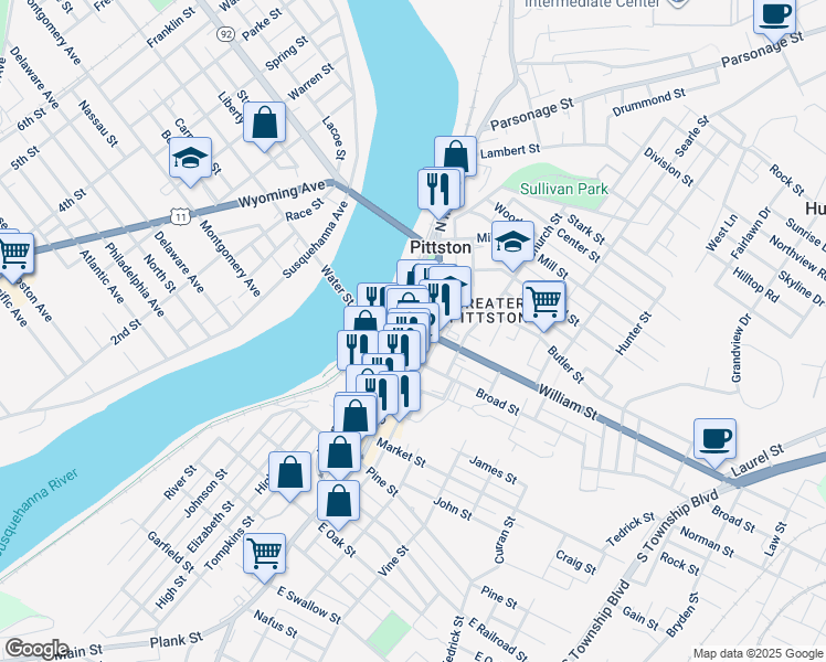 map of restaurants, bars, coffee shops, grocery stores, and more near 20 North Main Street in Pittston