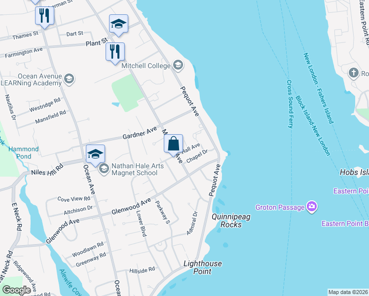 map of restaurants, bars, coffee shops, grocery stores, and more near 4 Harbor Lane in New London