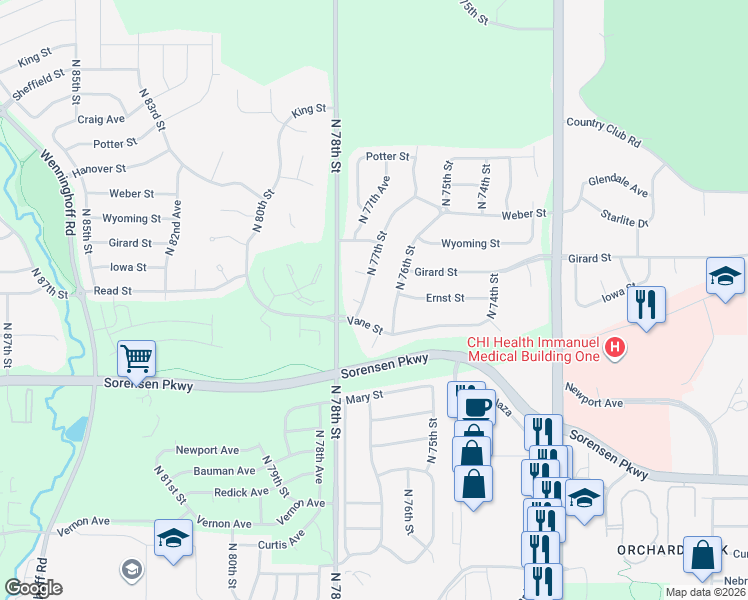 map of restaurants, bars, coffee shops, grocery stores, and more near 7259 North 77th Street in Omaha