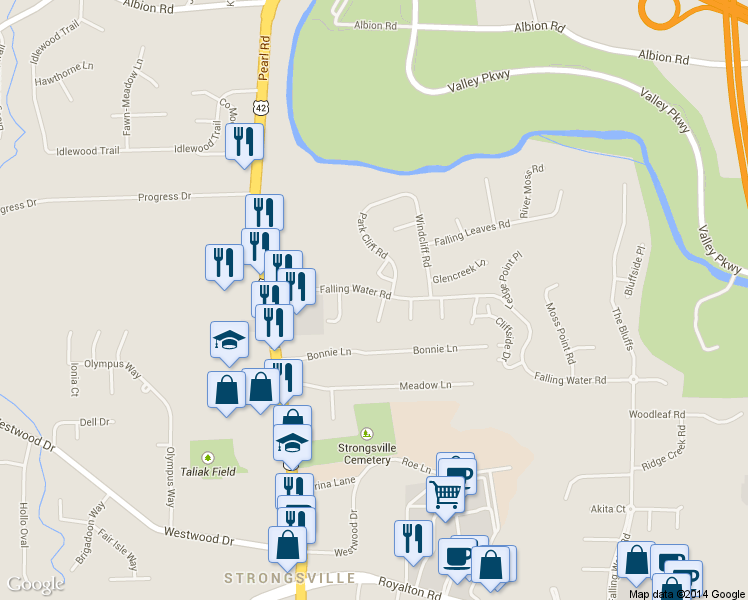 map of restaurants, bars, coffee shops, grocery stores, and more near 12306 Woodbriar Cir in Strongsville