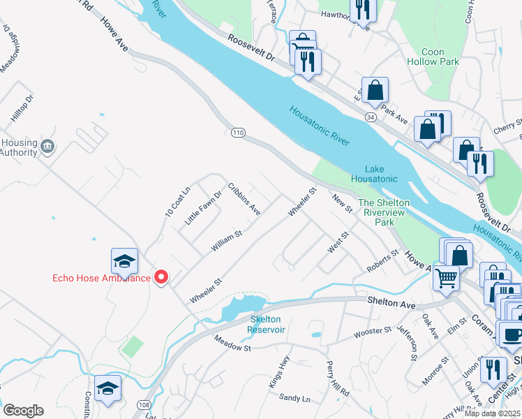 map of restaurants, bars, coffee shops, grocery stores, and more near 3 Cribbins Avenue in Shelton