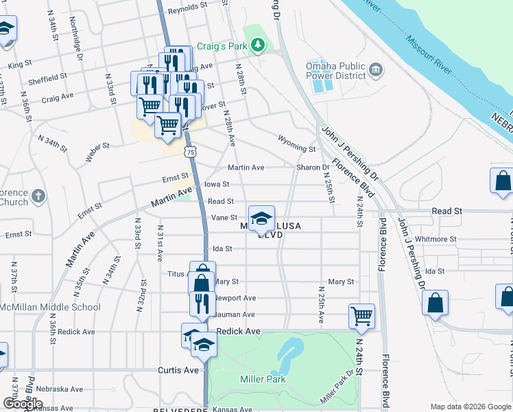 map of restaurants, bars, coffee shops, grocery stores, and more near 2745 Read Street in Omaha