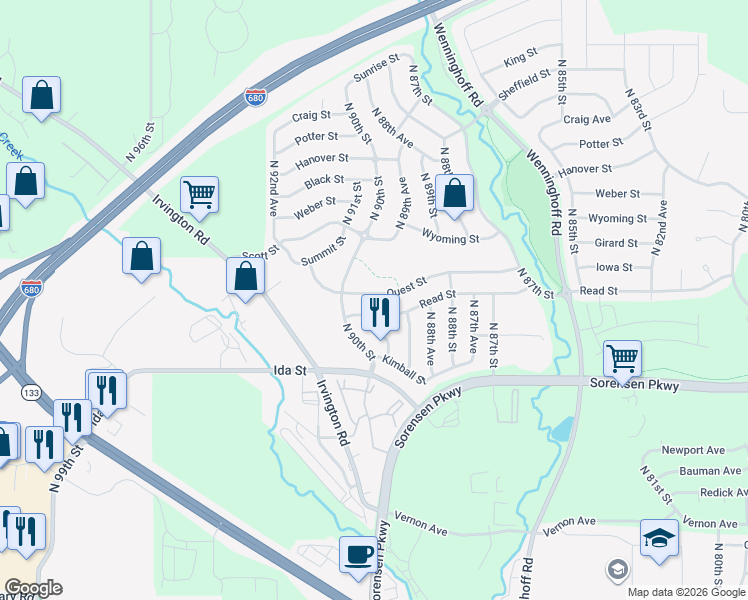 map of restaurants, bars, coffee shops, grocery stores, and more near 8925 Quest Street in Omaha