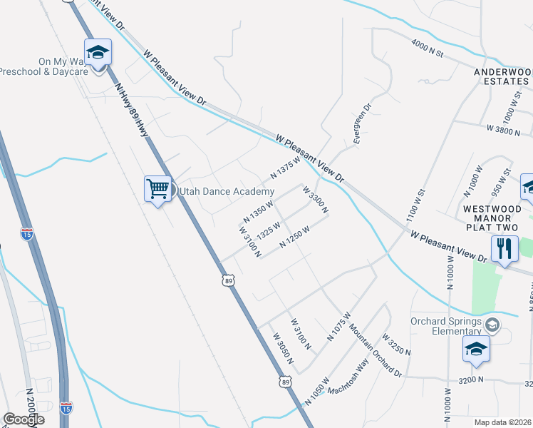map of restaurants, bars, coffee shops, grocery stores, and more near 3182 North 1350 West in Pleasant View