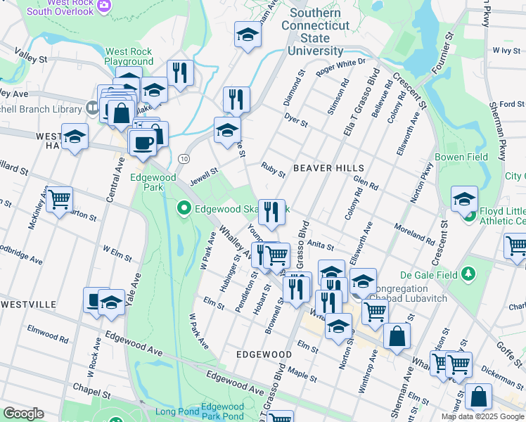 map of restaurants, bars, coffee shops, grocery stores, and more near Blake St & Osborn Ave in New Haven