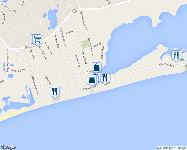 map of restaurants, bars, coffee shops, grocery stores, and more near 22 Winnapaug Road in Westerly