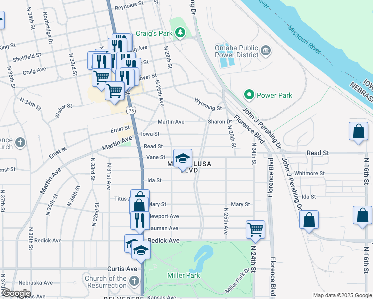 map of restaurants, bars, coffee shops, grocery stores, and more near 2727 Read Street in Omaha