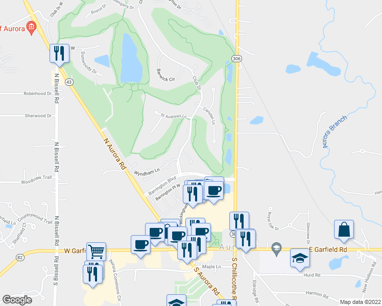 map of restaurants, bars, coffee shops, grocery stores, and more near 228 Southwick Lane in Aurora