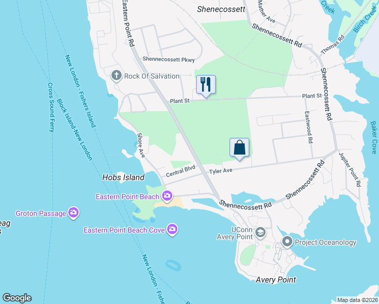 map of restaurants, bars, coffee shops, grocery stores, and more near 951 Eastern Point Road in Groton