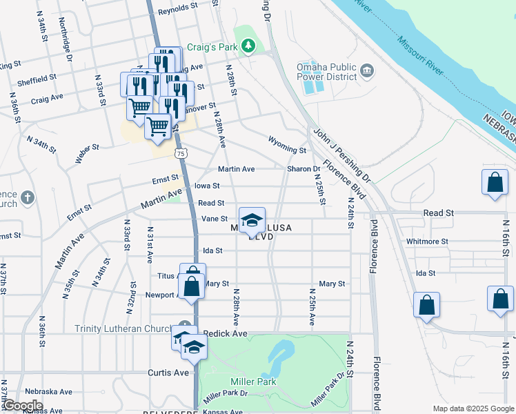 map of restaurants, bars, coffee shops, grocery stores, and more near 2727 Read Street in Omaha
