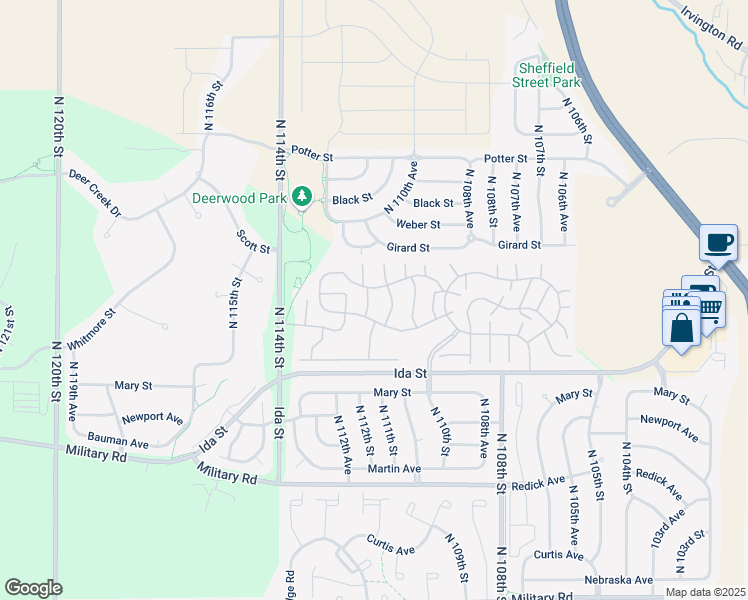 map of restaurants, bars, coffee shops, grocery stores, and more near 364 112th Court in Omaha
