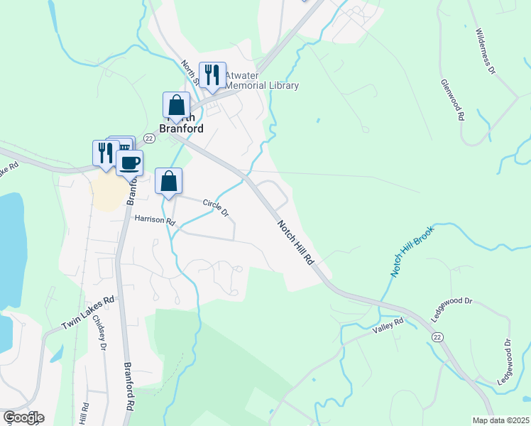 map of restaurants, bars, coffee shops, grocery stores, and more near 260 Notch Hill Road in North Branford