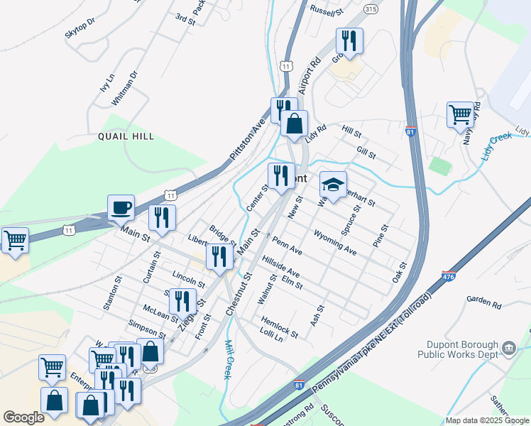 map of restaurants, bars, coffee shops, grocery stores, and more near 240 Main Street in Dupont