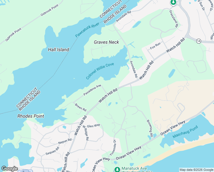 map of restaurants, bars, coffee shops, grocery stores, and more near 7 Pasadena Avenue in Westerly