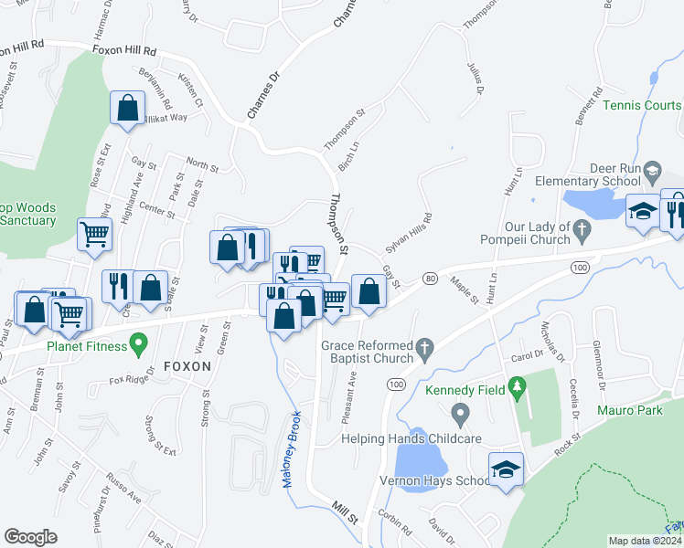 map of restaurants, bars, coffee shops, grocery stores, and more near 50 Thompson Street in East Haven