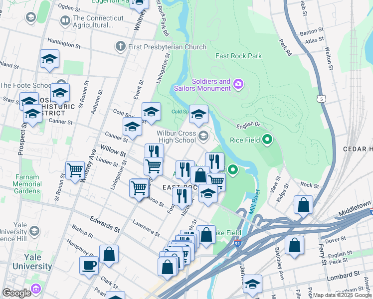 map of restaurants, bars, coffee shops, grocery stores, and more near 68 Anderson Street in New Haven