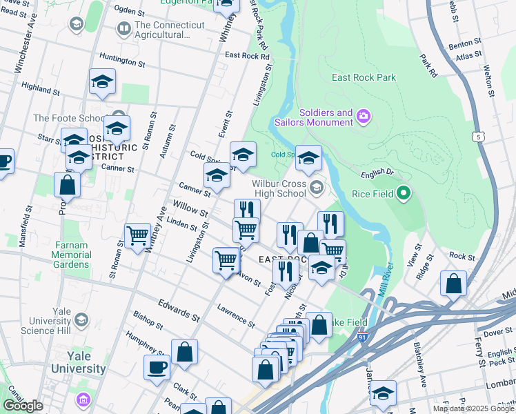 map of restaurants, bars, coffee shops, grocery stores, and more near 847 Orange Street in New Haven