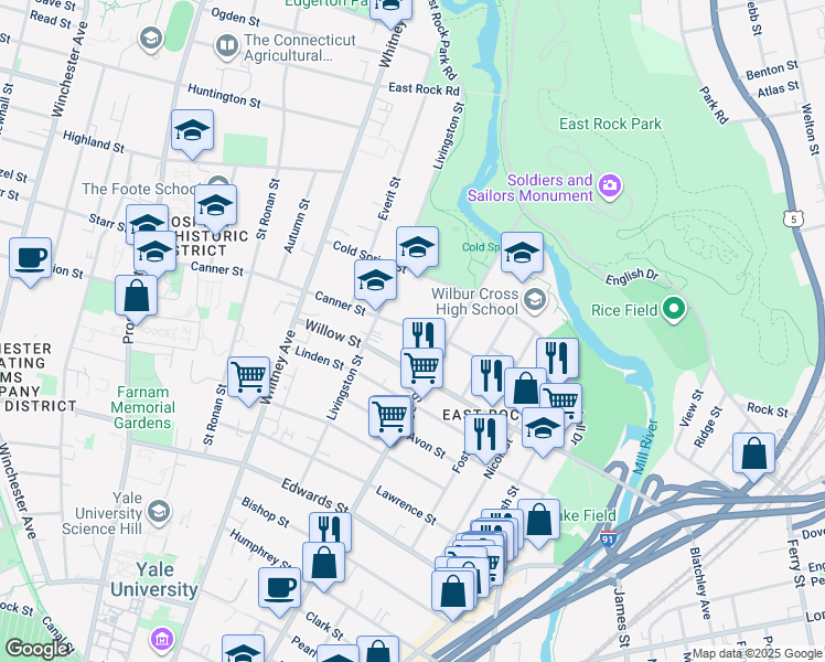 map of restaurants, bars, coffee shops, grocery stores, and more near 116 Canner Street in New Haven