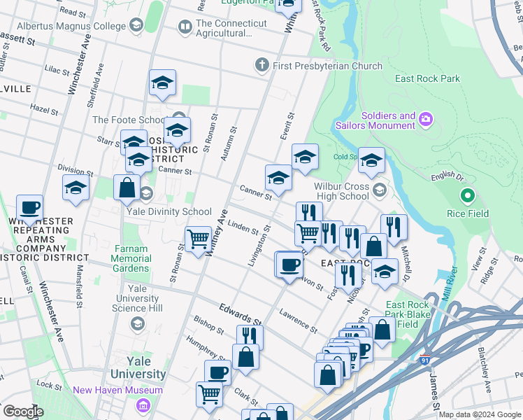 map of restaurants, bars, coffee shops, grocery stores, and more near 329 Willow Street in New Haven