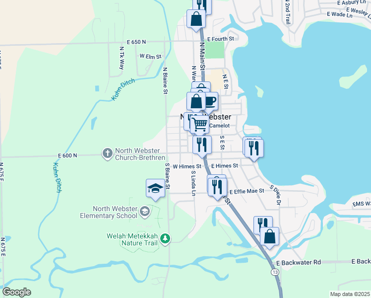 map of restaurants, bars, coffee shops, grocery stores, and more near 404 West Huntington Street in North Webster