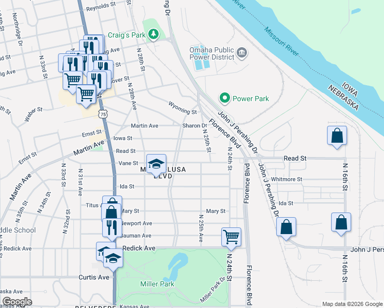 map of restaurants, bars, coffee shops, grocery stores, and more near 2539 Read Street in Omaha