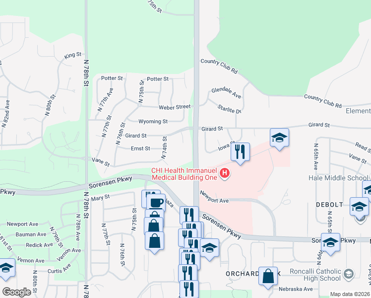 map of restaurants, bars, coffee shops, grocery stores, and more near 7205 North 107th Plaza Circle in Omaha