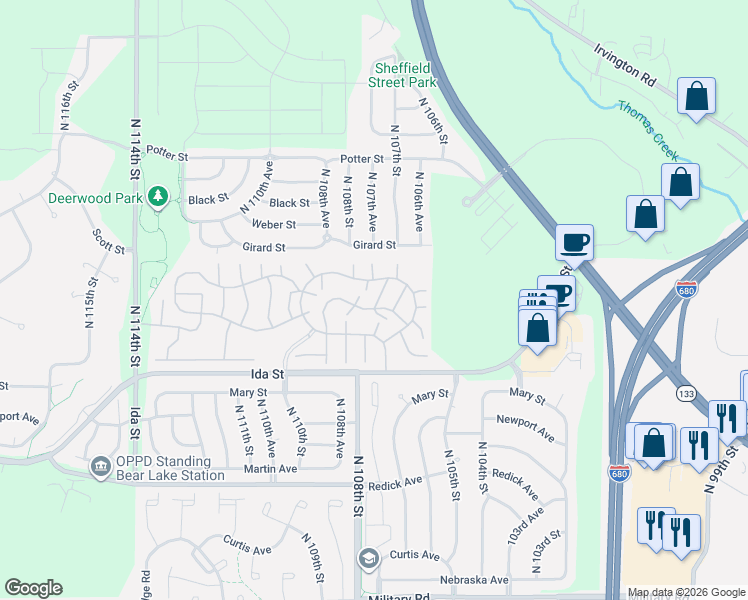 map of restaurants, bars, coffee shops, grocery stores, and more near 108 107th Court in Omaha