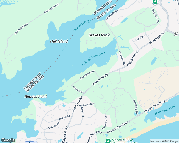 map of restaurants, bars, coffee shops, grocery stores, and more near 23 Pasadena Avenue in Westerly