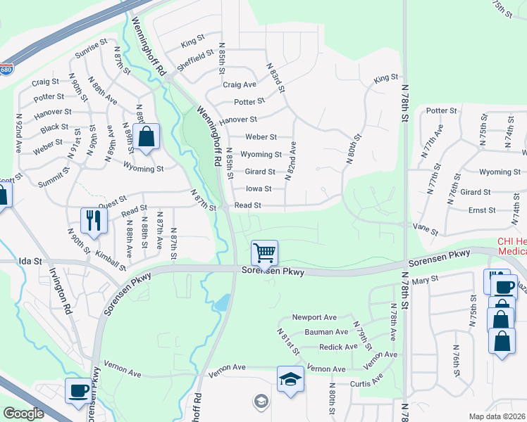 map of restaurants, bars, coffee shops, grocery stores, and more near 8307 Read Street in Omaha