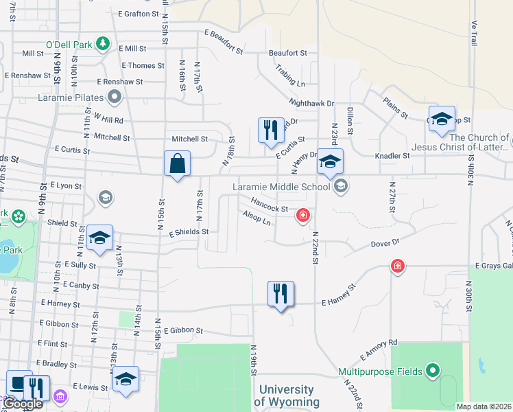 map of restaurants, bars, coffee shops, grocery stores, and more near 1911 Alsop Lane in Laramie