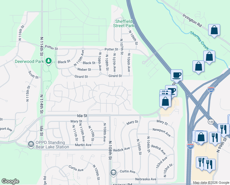 map of restaurants, bars, coffee shops, grocery stores, and more near 108 107th Court in Omaha