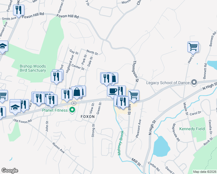 map of restaurants, bars, coffee shops, grocery stores, and more near 723 Foxon Road in East Haven