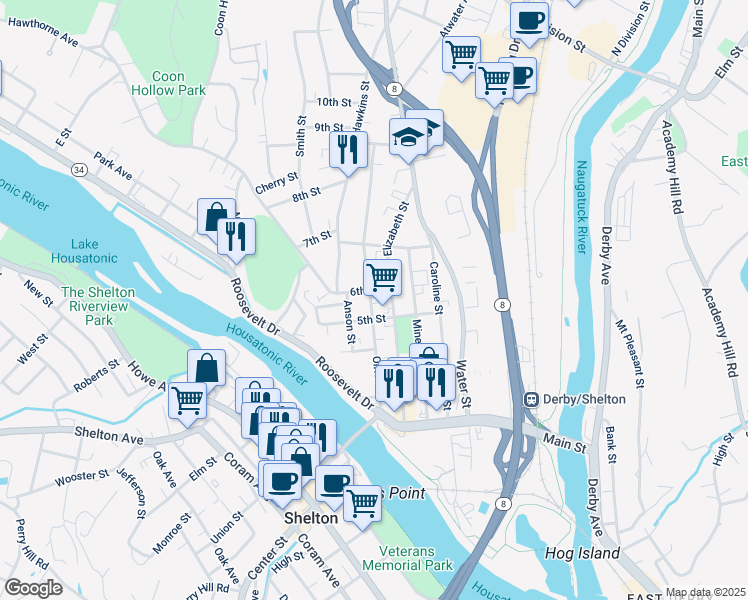 map of restaurants, bars, coffee shops, grocery stores, and more near 151 Olivia Street in Derby