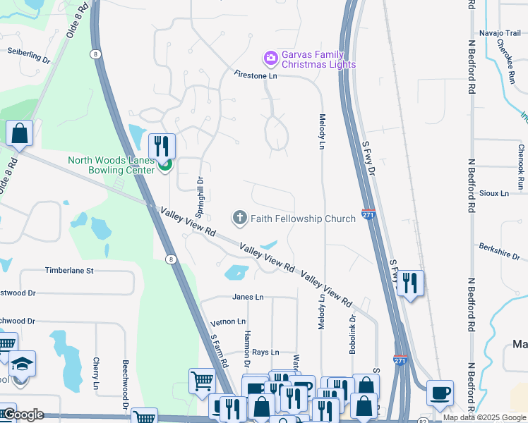 map of restaurants, bars, coffee shops, grocery stores, and more near 359 Denali Court in Macedonia