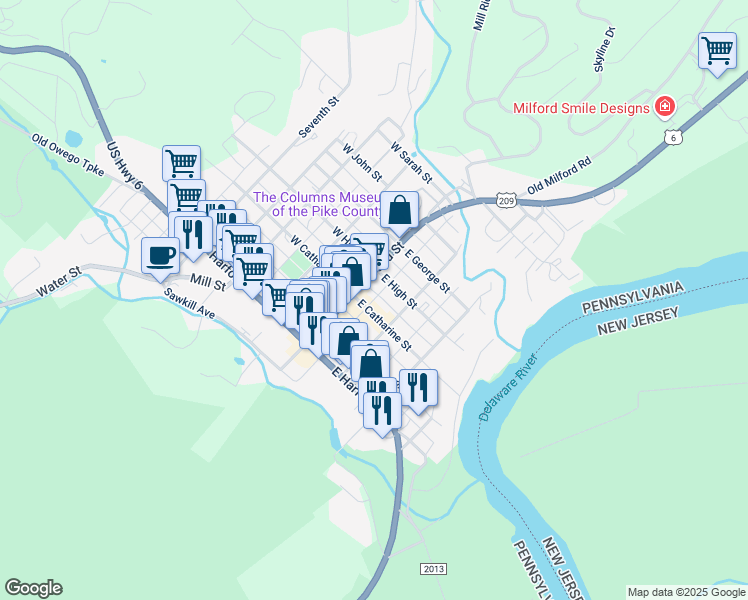 map of restaurants, bars, coffee shops, grocery stores, and more near Blackberry Alley in Milford