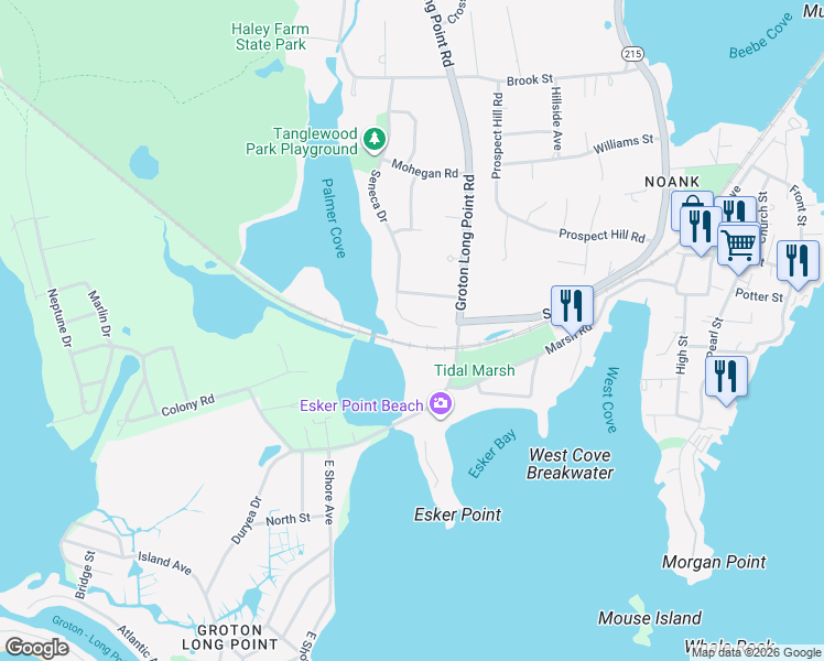 map of restaurants, bars, coffee shops, grocery stores, and more near 235 Seneca Drive in Groton