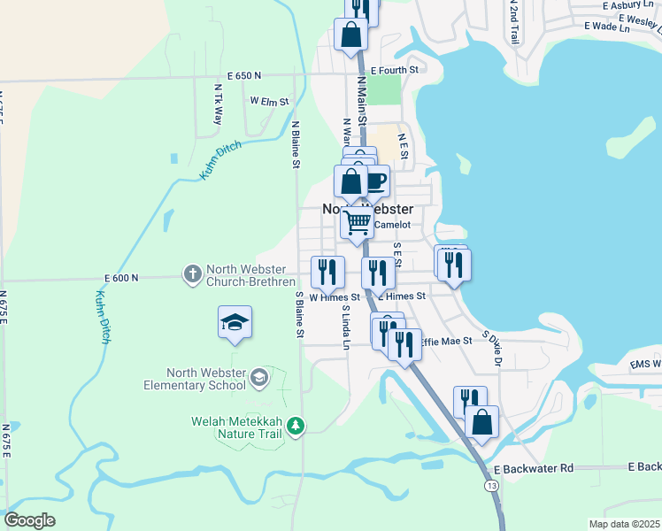 map of restaurants, bars, coffee shops, grocery stores, and more near 404 West Huntington Street in North Webster