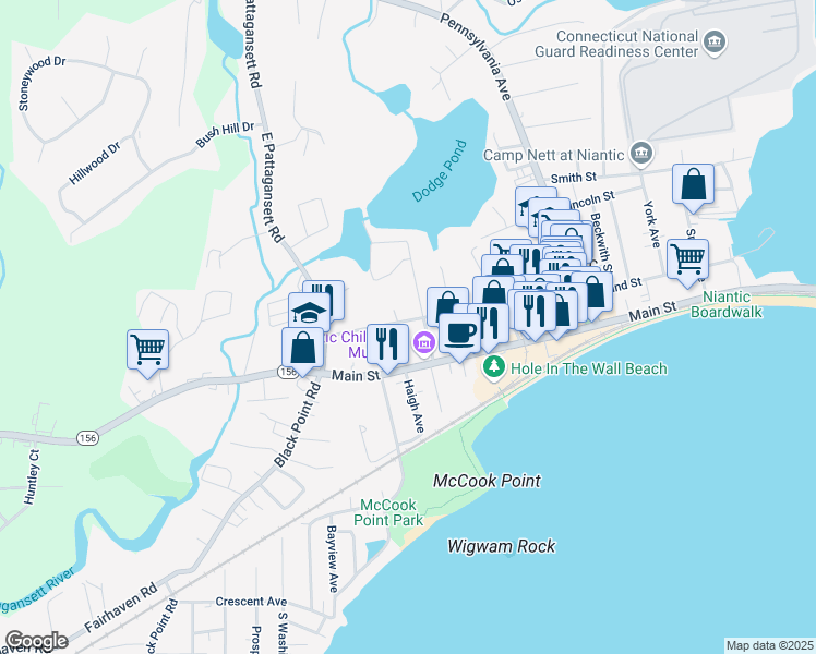 map of restaurants, bars, coffee shops, grocery stores, and more near 75 Hope Street in East Lyme