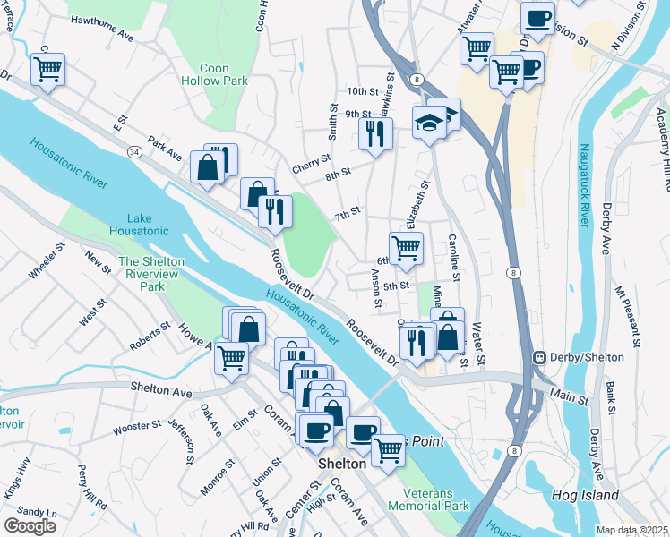 map of restaurants, bars, coffee shops, grocery stores, and more near 42 Oak Street in Derby