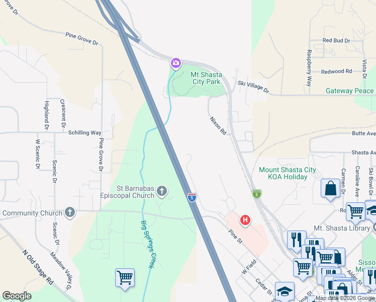 map of restaurants, bars, coffee shops, grocery stores, and more near 1499 Kingston Road in Mount Shasta