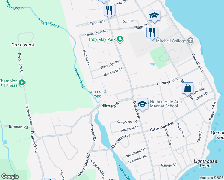 map of restaurants, bars, coffee shops, grocery stores, and more near 281 Gardner Avenue in New London