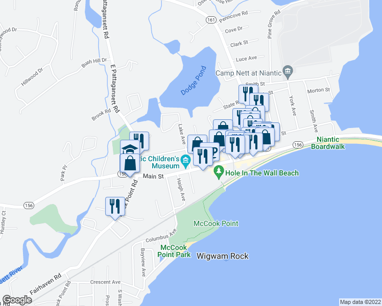 map of restaurants, bars, coffee shops, grocery stores, and more near 13 Lake Avenue in East Lyme