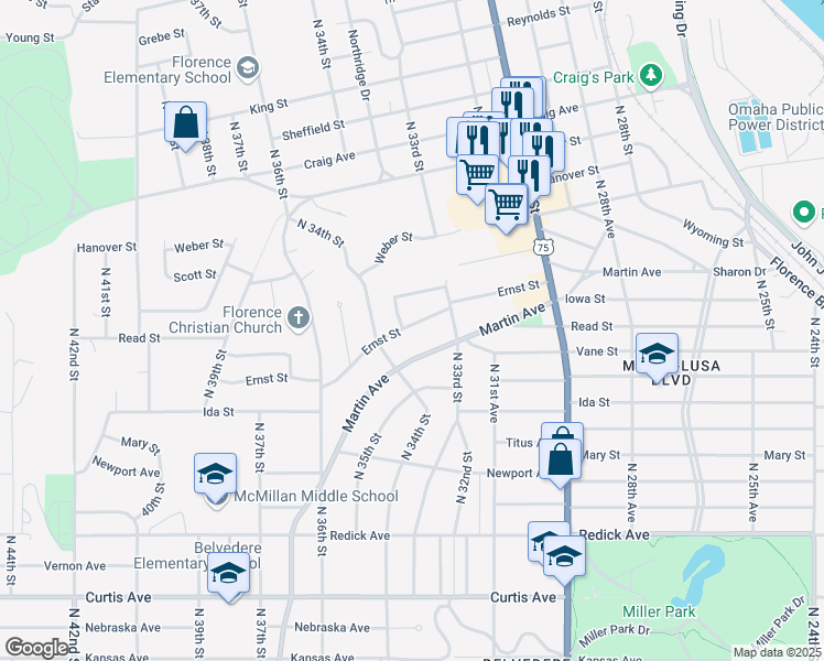 map of restaurants, bars, coffee shops, grocery stores, and more near 3325 Ernst Street in Omaha