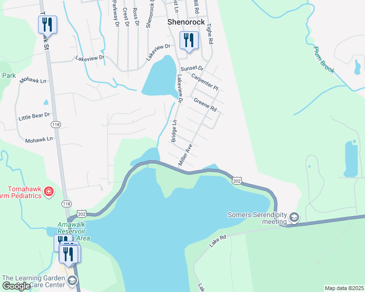map of restaurants, bars, coffee shops, grocery stores, and more near 12 Bridge Lane in Yorktown Heights