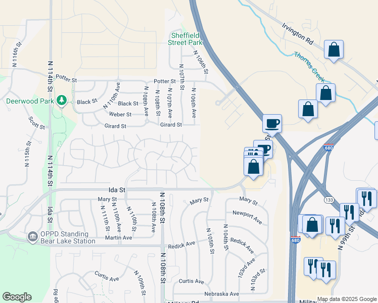 map of restaurants, bars, coffee shops, grocery stores, and more near 78 106th Plaza in Omaha