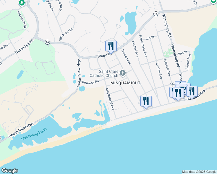 map of restaurants, bars, coffee shops, grocery stores, and more near 35 Maplewood Avenue in Westerly
