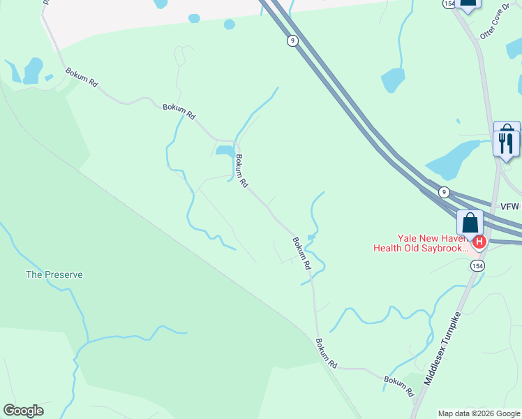 map of restaurants, bars, coffee shops, grocery stores, and more near 93 Bokum Road in Old Saybrook
