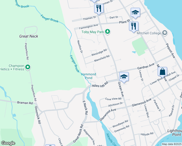 map of restaurants, bars, coffee shops, grocery stores, and more near 22 Georgetown Road in New London