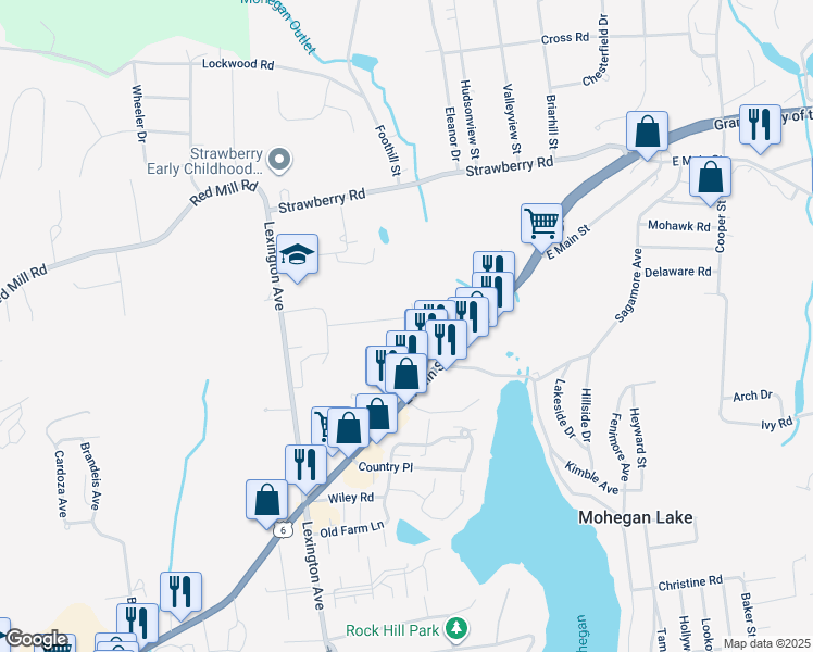 map of restaurants, bars, coffee shops, grocery stores, and more near 1715 Clover Road in Mohegan Lake